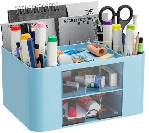 Senders Desk Organiser with 2 Drawers Tidy Storage Box with Pen Holder Desktop Stationary Organiser for School Office Home Makeup Desk Supplies Practical and Stylish Storage Solution (Blue)