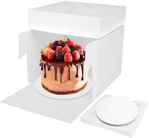 Aevcvok Lot de 5 Boite Gateau 25,4 x 25,4 x 20,3 cm, Boite a Gateau Carton avec Couvercles, Boite Gateau Transport avec Fenêtre, Boite Transport Gateau pour Layer Cake, Biscuits, Patisserie - Blanc