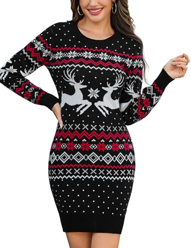 Litherday jultröja klänning för kvinnor UK stickad julklänning långärmad tröjor vinter rund hals pullover jumper klänning för julfest, Stil2-svart, XL