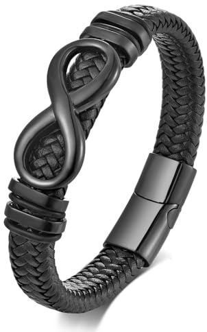 ATEIELLI Pulsera Hombre de Cuero con Símbolo Infinito de Acero Inoxidable Pulsera Trenzada B351 (Negro, 23cm)