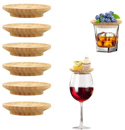Yeenano 6 piezas de embutidos de cristal de vino, decoración para copas de vino, decoración de madera, platos redondos para copas de vino, accesorios para postres, comidas familiares, accesorios para