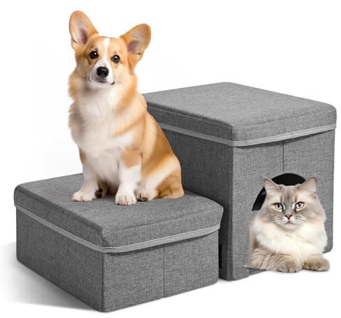 Jradse Scaletta per Cani, 2 Gradini Scala Pieghevole Scala con Scatole Portaoggetti per Cani e Gatti Piccoli per Divano e Letto