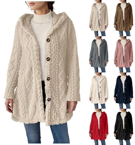 Hoodies for Women UK Ladies Long Sleeve Button Front Fluffy Coats Winter Warm Plush Thick Hooded Cardigan Casual Loose Fit Plus Size Fuzzy Hoody Jacket