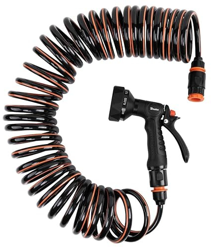 Spiral Garden Hose Set with 9-Pattern Spray Gun, Black and Orange, Flexible Rewind Design, Quick Connectors, 10-15m Length (10 Metre Set)
