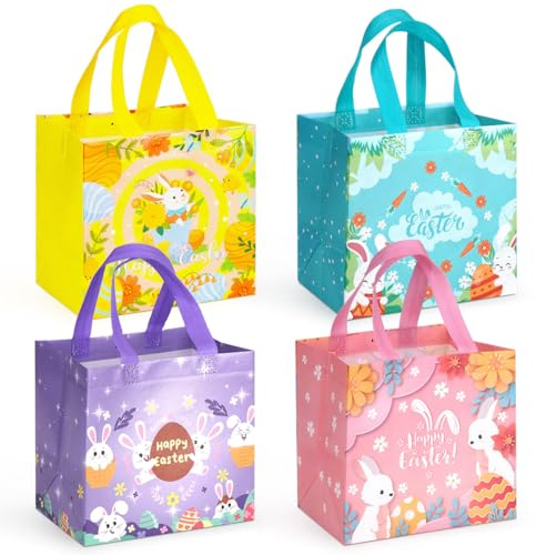 4 x Ostereiersuche Taschen mit Griffen, Häschen Karotten Küken Ei Taschen, Oster Leckerei Taschen, multifunktionale Non-Woven Ostertaschen zum Verpacken von Geschenken, Eiersuche, Partyzubehör