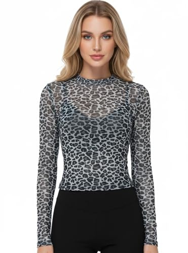 EDLMKM Women's Mesh Top Long Sleeve Sheer Tops Transparent Leopard T-Shirt Sexy Skinny Cropped See Throgh T-Shirt Mesh Tops, Leopard See Through Blouse for Carnival Festival Party Clubwear
