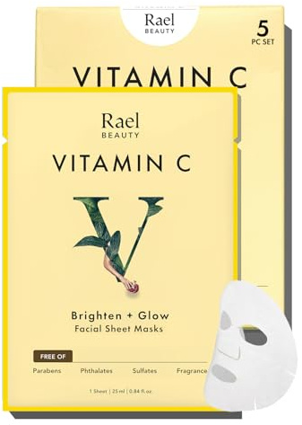 Rael Vitamin C Face Masks – Brighten + Glow with Pomegranate and Citrus Fruit Extract, All Skin Types, Korean Skin Care (5 Count)