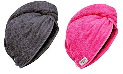 Carenesse Haarturban Baumwolle 2er Set pink/grau mit Knopf & Schlaufe | 100% Baumwolle, Perfekter Halt durch stabile Knopftechnik, Schonend schnelle Tocknung, Plastikfrei & Haarfreundlich
