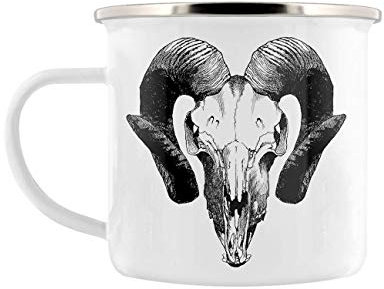 Calvaria Animal Skull White Enamel Mug ~ Two Sided Print (Aries Skull (Ram))