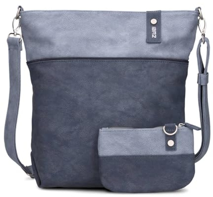 Zwei Damen Umhängetasche Jana J12 Crossbody Bag 9 L Handtasche Bicolor Canvas-Stil passender Kosmetikbeutel extra Schultergurt & Schlüsselband, Schultertasche DIN-A4 passend (nubuk-blue)