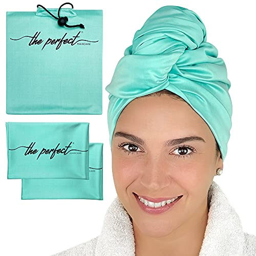 THE PERFECT HAIRCARE Haarhandtücher – Set für Curly Girl Method – ideal für Locken – 1 großes Handtuch (102 x 70 cm) mit 2 kleinen Handtüchern (60 x 38 cm) blau grün