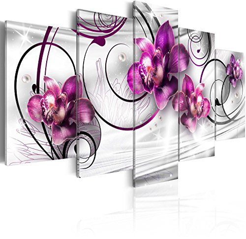 B&D XXL - Tableau Acoustique 100x50 cm 5 Parties - Décoration Murale Anti-Bruit Isolation Phonique Bureau Chambre Panneau Insonorisant Impression sur Toile - Rose Orchidées Argent 020110-146