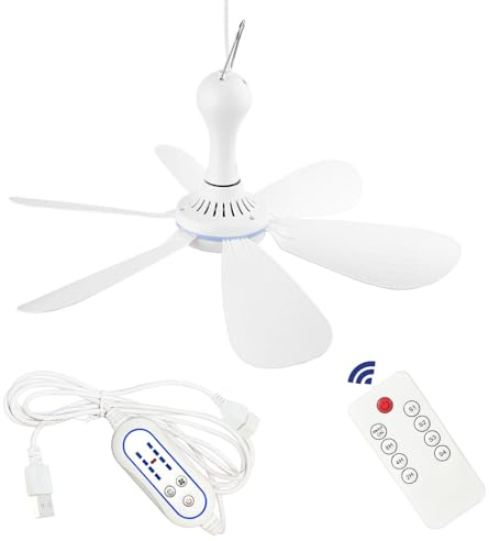 SCOOYEEES Ventilatore da soffitto silenzioso alimentato tramite USB, con telecomando a 4 velocità, silenzioso piccolo ventilatore da soffitto DC da appendere per campeggio, letto, camper, tenda a