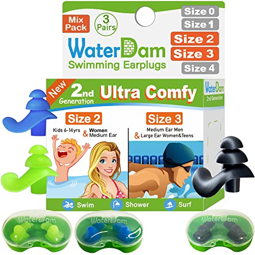 WaterDam Schwimm-Ohrstöpsel, ultra-bequem, wasserdicht, verhindern Schwimmerohren, Größe 2 + 2 + 3 (grün, blau, schwarz)