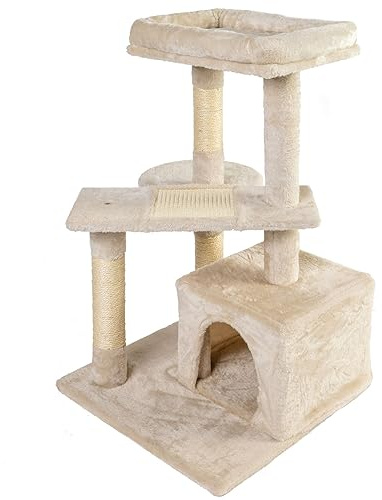 NYVI Katzen Kratzbaum Cremona 79 cm groß beige - Deluxe Mini Katzenbaum mit Katzenhöhle, Plattform, Fellball und Sisal Kratz Säule - Stabiles und Robustes Katzenhaus