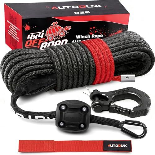 Autodunk Synthetic Winch Rope - 1/4 x 50ft 10,000LBS Winch Line with Protective Sleeve, Forged Winch Hook and Rubber Stopper, Synthetic Winch Cable for 4WD ATV UTV Offroad Vehicles, Black