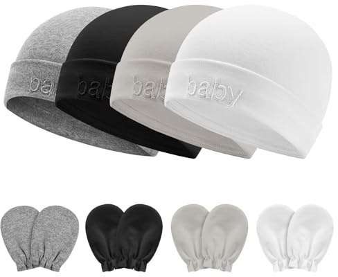 Aolso Newborn Baby Hats Mittens Set, 4pcs Baby Hats Caps & 4 Pairs Baby Mittens Gloves, Infant Hats Baby Cotton Gloves No Scratch Mittens for 0-6 Months