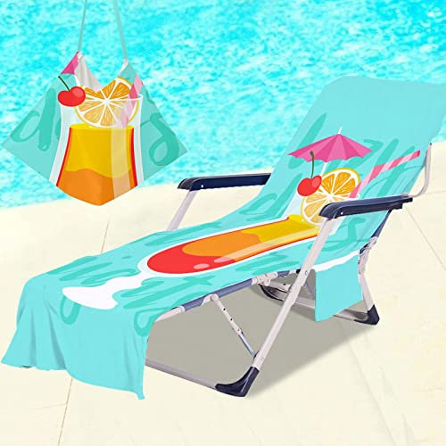 Surwin Sun Lounger Beach Towel with Pockets, Tropical Fruit Print 3D Summer Beach Chair Cover Chaise Lounge Towel Cover Mate Sunbed Towels For Holiday Garden Outdoor Pool (75x210cm,Orange Juice)