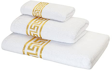 Belle Arti Premium Mäander handdukar, duschhanddukar, gästhanddukar, fluffig frotté, bomull (set om 3 – 30 x 50 + 50 x 100 70 x 140 cm, vit)