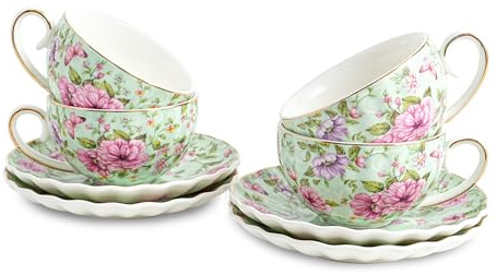 Agyiuns Tea Cup and Saucers, 6.4oz Floral Tea Cups with Gold Trim, Porcelain Teacup, Coffee Cappuccino Espresso Latte Mugs for Party Birthday,Party Cafe Home, Christmas Gift (Green)