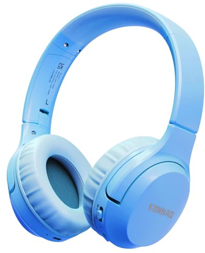 KONNAO Casque sans Fil 60H Pliable avec Micro, Limiteur de Volume 85 dB/94 DB, Casque Supra-auriculaire sans Fil, pour Enfants, Adultes, école, Voyage, Classe en Ligne, Bleu