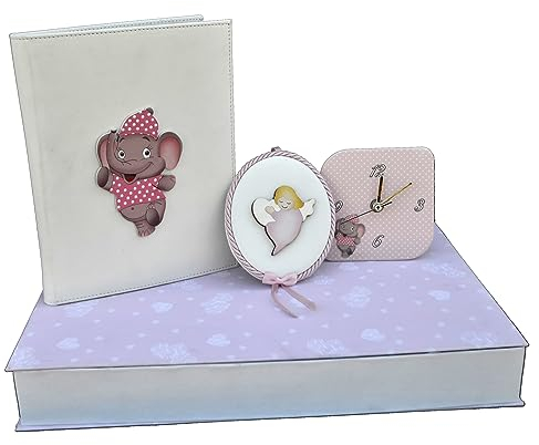 oggettando Willkommen in der Welt: Geschenkset mit Elefanten-Motiv, mit Tagebuch, Tischuhr und Wiege mit Spieluhr für Neugeborene (Rosa)