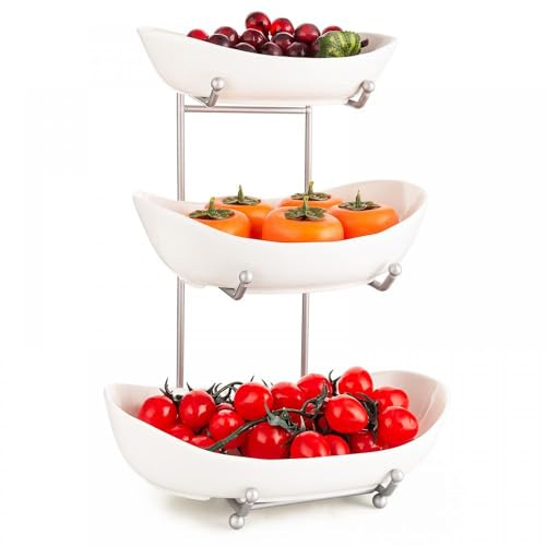 Gelory 3-Tier Fruit Basket Versatile Ceramic Counter Fruit Bowl Set, White | with Metal Rack, Vertical Design, Space-saving, for Veggies Snack Nuts Bread Candy Dessert Cake Tray, Countertop Organizer