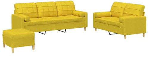 vidaXL Sofagarnitur 3-TLG., Sessel Couch mit Kissen Fußhocker, Sofa Wohnzimmersofa mit Armlehnen, Couchgarnitur Designsofa Sitzmöbel Polstermöbel, Hellgelb Stoff
