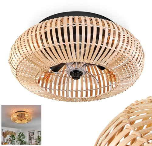 Mulstrand Ceiling Fan, Fan Made of Metal/Bamboo in Black/Natural with Remote Control, up/Down Function and Light Effect on the Ceiling, Ceiling Light 4-Flame Ø 50 cm, 4X E27, Without Bulbs