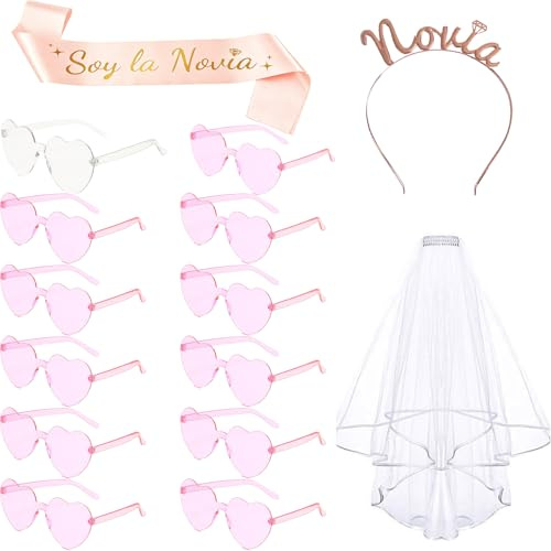 jenich 15 Stück JGA Sonnenbrille Frauen Sonnenbrille Herz JGA Brille Herzform Braut Schleier JGA Braut Schärpe Haarreif JGA Accessoires Junggesellenabschied