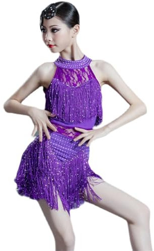 HWBZSZY Enfants Filles Paillettes Robe Col Licol Latin Tassel Vêtements De Danse Salle De Bal Samba Tango Danse Moderne Performance Costume Professionnel De Compétition Costume,Violet,160cm