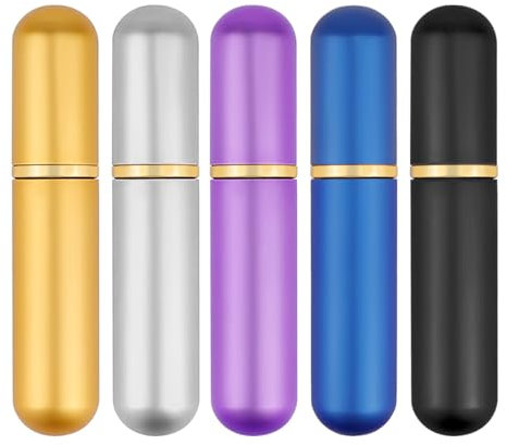 LNQ LUNIQI 5 Stück Aluminium Riechstifte für Ätherische Öle, Mini Naseninhalator Leer Inhalierstift Nachfüllbar Parfumzerstäuber mit Baumwolldochten
