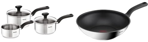 Tefal 3 Piece Comfort Max, Stainless Steel Saucepan Set, Silver & 28cm Comfort Max Stainless Steel Non-Stick Wok, Silver