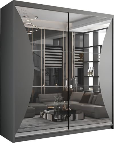 MN Furniture Double Mirror Sliding Door Wardrobe | MDF Chipboard | Full Length Mirror | Shelves & Hanging Rails | Grey Black or White | 150cm & 203cm | Bedroom Wardrobe (Grey, 150)