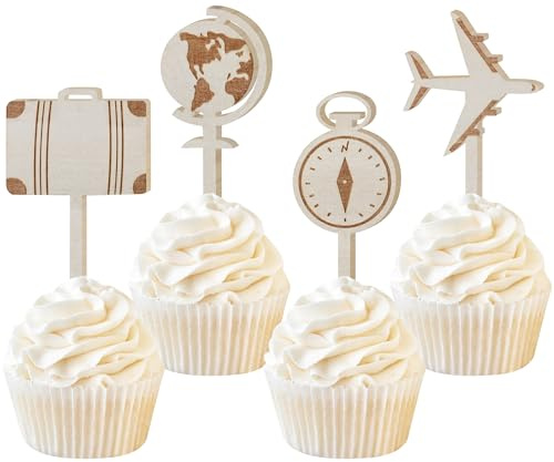 Sursurprise 16PCS Travel Theme Cupcake Toppers Wooden Airplane Suitcase Cake Toppers for Travel Adventure Party Decorations Birthday Baby Shower Supplies