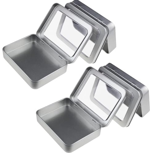 Metal Tins Small,4 pcs Empty Rectangular Hinged Tins Container with Clear Window Lids Mini Storage Containers Organizer Box for Candies Gifts Treasures Craft Silver 130*95*38mm
