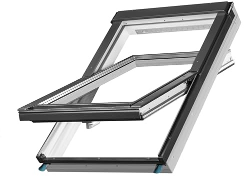 BAUBAY Finestra da tetto in plastica PVC, 78 x 140 cm, con 3 vetri e ventola regolabile, incl. telaio per mattoni, piano mattoni, coda di castoro (fino a 45 mm)