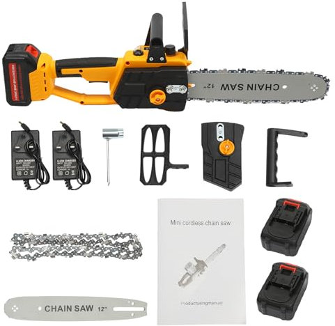 1200W Mini Cordless Chainsaw 12-inch for Cutting and Trimming Garden Tree Wood Mini Rechargeable Cordless Electric Cutting Saw Chainsaw Battery Wood Cutter Saw