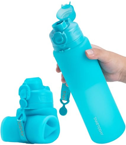 TakeToday Collapsible 32oz Blue Silicone Water Bottle, Foldable Travel Bottle with Strap, BPA Free, Leakproof for Hiking, International Travel, Outdoors