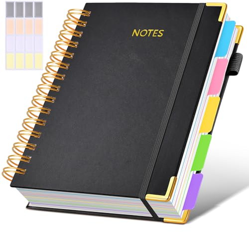 Hardcover Spiral Notebook journal with Removable Dividers Tabs, 300 Pages Leather 5 Subject Notebook College Ruled, 100GMS A5 Notebooks for Work School Note taking,Lined Journal for Women,A5-Black