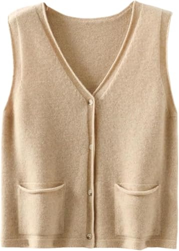 Chaleco de punto de cachemira sin mangas plegable con cuello en V para mujer, con bolsillo, informal, holgado, con botones, para primavera y otoño, Beige Claro, L