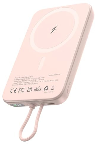 For Magsafe Power Bank 10000mAh, AsperX Magnetic Portable Charger 22.5W PD Fast Charging with USB-C Cable, LED Display, Wireless Battery Pack for iPhone 16/15/14/13/12/Pro Pink