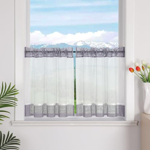 Delien Leinenoptik Scheibengardinen mit Kräuselband und Tunnelzug Halbtransparente Bistrogardinen für Küchenfenster Landhaus Kurzstores 1 Stück,Grau,BxH 120x45cm