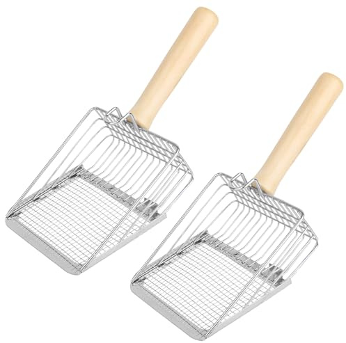 BOXOB 2pcs Metal Cat Litter Scoop with Wooden Handle, Litter Box Scooper Fast Sifter Deep Shovel Design Cat Pooper Scooper for Pet Owners Efficient Cleaning