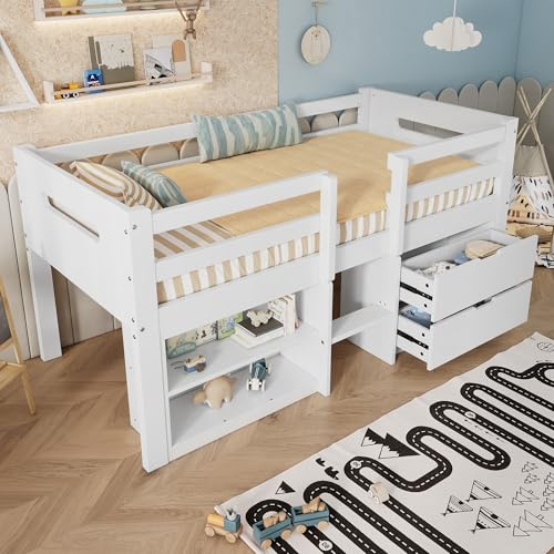 EINHOM Bunk Bed with Storage, Cabin Bed with Guardrail, Single Wooden Bed, Two Drawers with Slides, Two Storage Compa, Pine Wood + Particle Board, White (No Mattress)