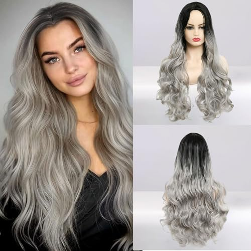 Halloween Perücke Grau Damen,Silber Grau Lang Lockig Natürlich,Perücke Frauen Kostüm Halloween,Natürliche Synthetische Haare,Grey Wig Lang Haar Gelockt für halloween Karneval Cosplay Kostüm Party