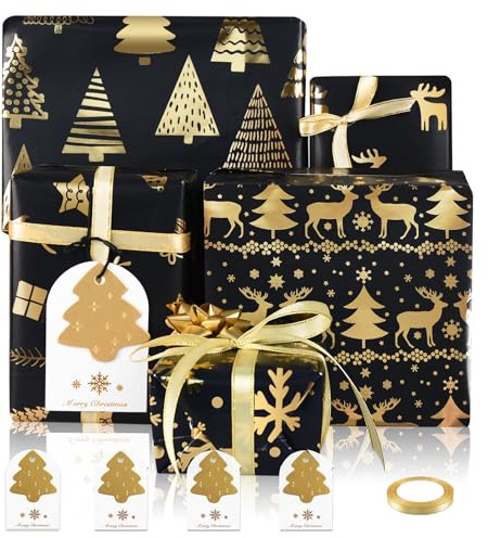 DZAEMOSIIE Papier Cadeau Noël, 6 Feuilles Emballage Cadeau Noël Noir et Or Brillant Métallisé,Papier Luxe Élan Flocons de Neige Arbre de pour Enfant, Nouvel An, Party, avec Étiquettes Cadeaux,70x50 cm