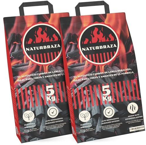 NaturBraza Carbón Vegetal de Marabú Pack 10 kg (2 x 5 kg) – Carbón Natural para Barbacoas y Parrillas, 100% Natural sin Aditivos, Alto Poder Calorífico y Brasas de Larga Duración