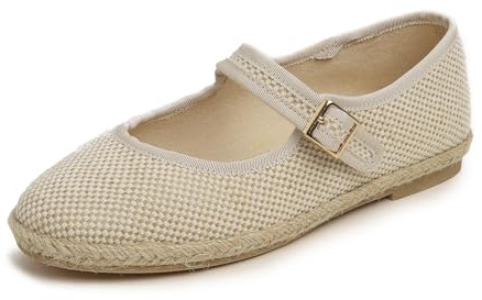 FEVERSOLE Women's Comfort Espadrilles Mary Jane Close Toe Jute Trim Slip On Flats Shoes Natural Linen Jute Size 7.5 M US