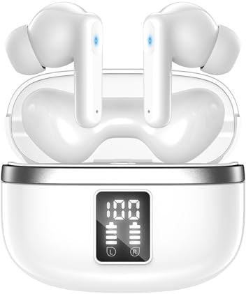 JBMI Cuffie Bluetooth, Auricolari Bluetooth 5.3 In Ear Stereo con 4 Microfono ENC, 60 Ore Cuffiette Wireless Cancellazione Rumore, Auricolare IP7 per iPhone e Androide, Earbuds Sportive (Avorio)